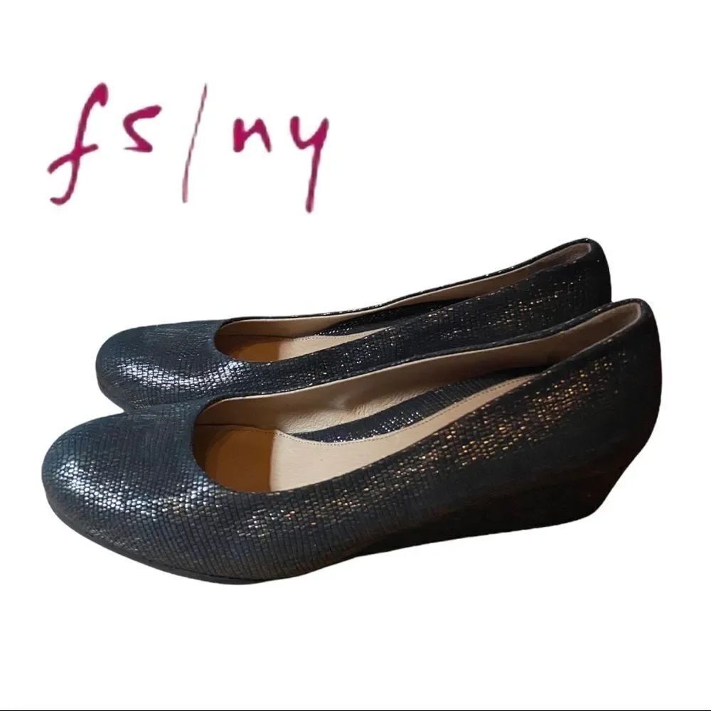 FS/NY Women's Black Metallic Ballet Wedges 8